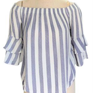 Moa Moa Top BOHO Off Shoulder 3/4 Bell Sleeve Sz S Striped Blue & White #80J